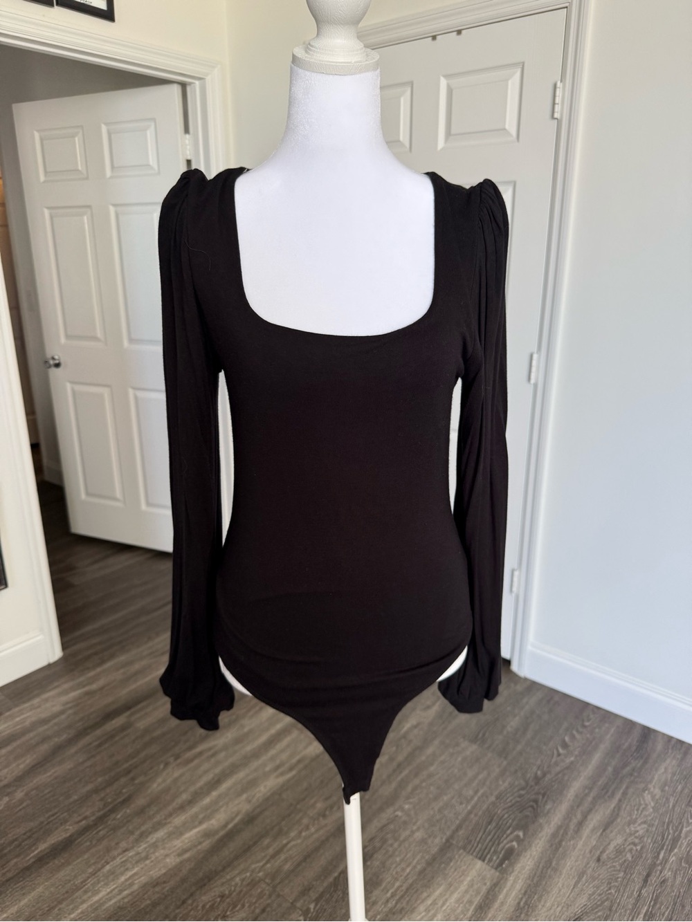 Square Neck Long Sleeve Black Bodysuit